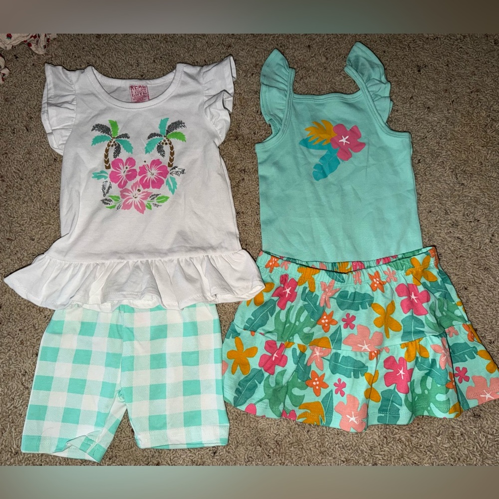 Tropical Kids Outfit Set with Floral and Checkered Patterns
